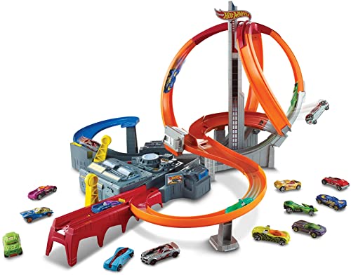 Hot Wheels Pista de coches de juguetes Spin Storm con dos lanzadores y dos loopings (Mattel CDL45), Exclusivo en Amazon
