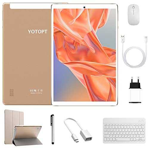YOTOPT Tablet 10 Pulgadas- 4G LTE Android 10 Tableta, 4GB RAM, 64GB ROM(1 TB TF expandible), Octa-Core, 5MP+8MP, WiFi, Double SIM Card, GPS, Bluetooth, Tablet con Teclado Ratón -Oro