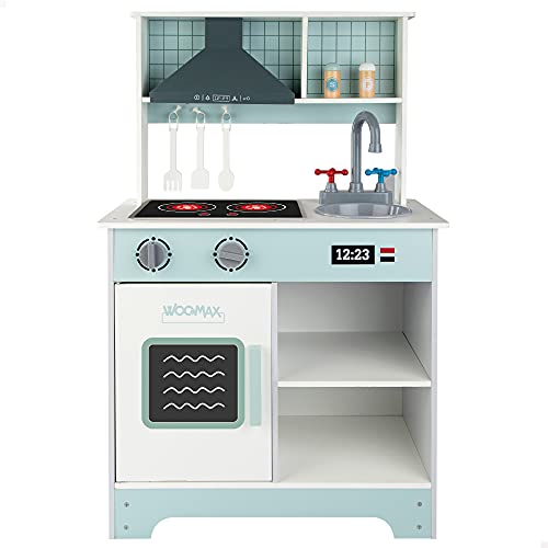 WOOMAX 49323 - Cocina eléctrica de madera de juguete, 54x29x86 cm, Juguetes de hogar, con luz y sonidos, color azul, para niños 3 años