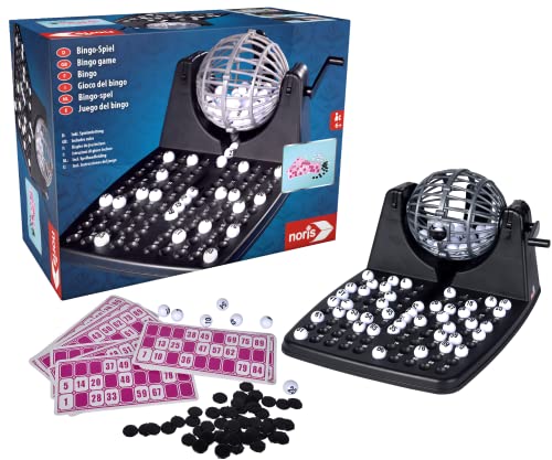 noris 606150493 - Tambor de Bingo, Incluye fichas, 90 Bolas y 12 cartones de Bingo, Juego de acción para Toda la Familia, para niños a Partir de 6 años.